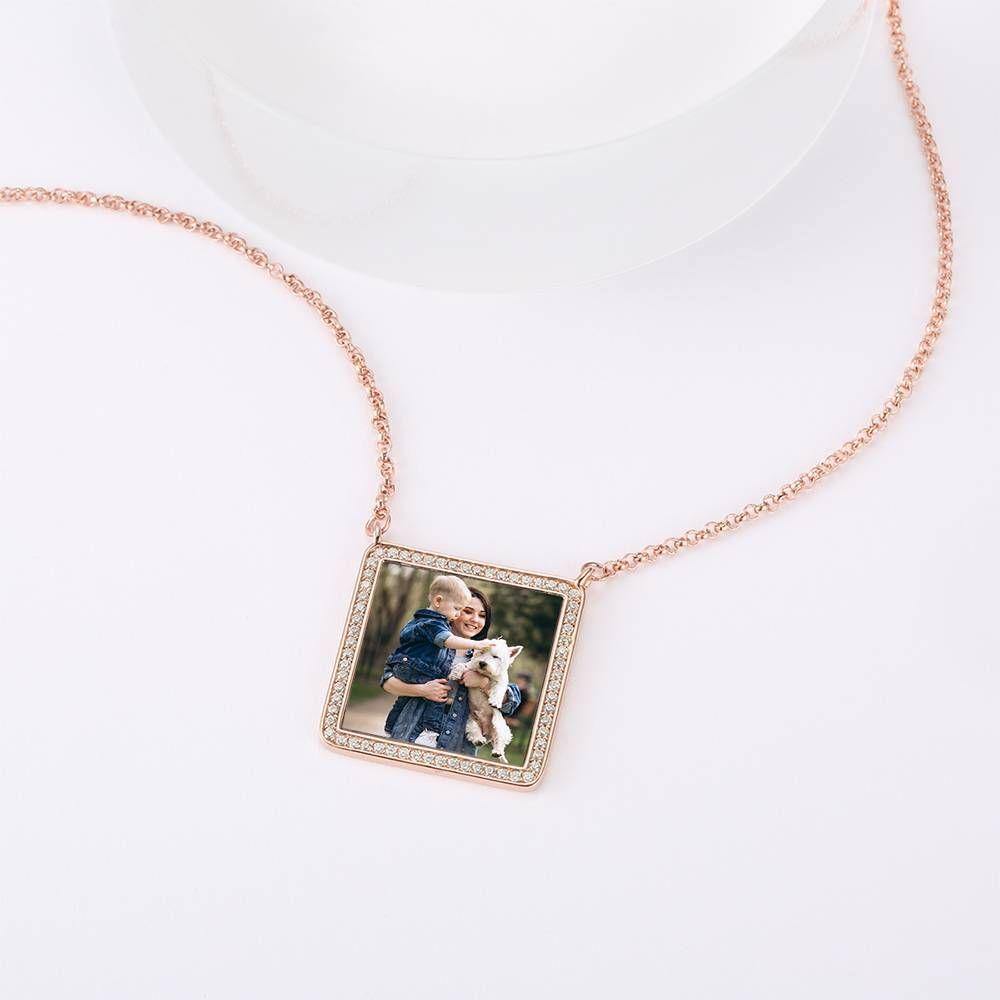 Photo Engraved Necklace Rhinestone Crystal Square Shape Photo Necklace Rose Gold Plated - Colorful - yournamencklaceuk