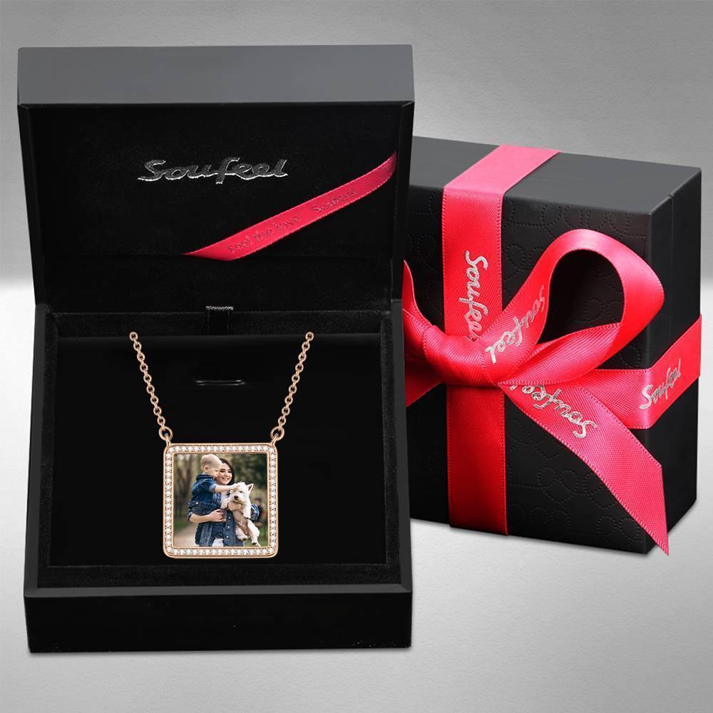 Photo Engraved Necklace Rhinestone Crystal Square Shape Photo Necklace Rose Gold Plated - Colorful - yournamencklaceuk