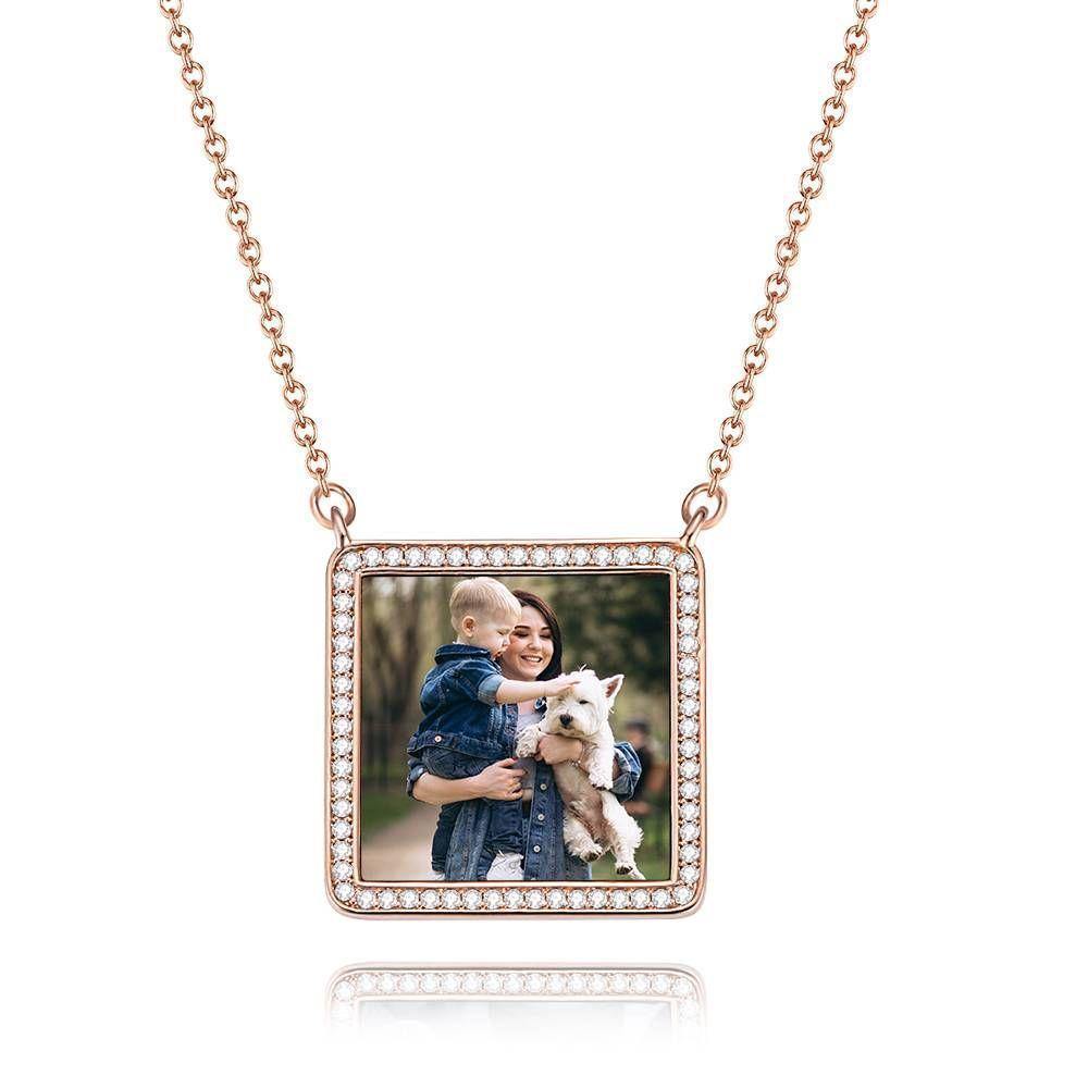 Photo Engraved Necklace Rhinestone Crystal Square Shape Photo Necklace 14K Plated Gold Golden - Colorful - yournamencklaceuk