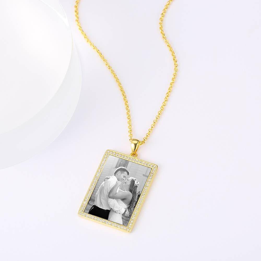 Photo Engraved Necklace Rhinestone Crystal, Photo Necklace Best Gift 14K Plated Gold Golden - Photocopying - yournamencklaceuk