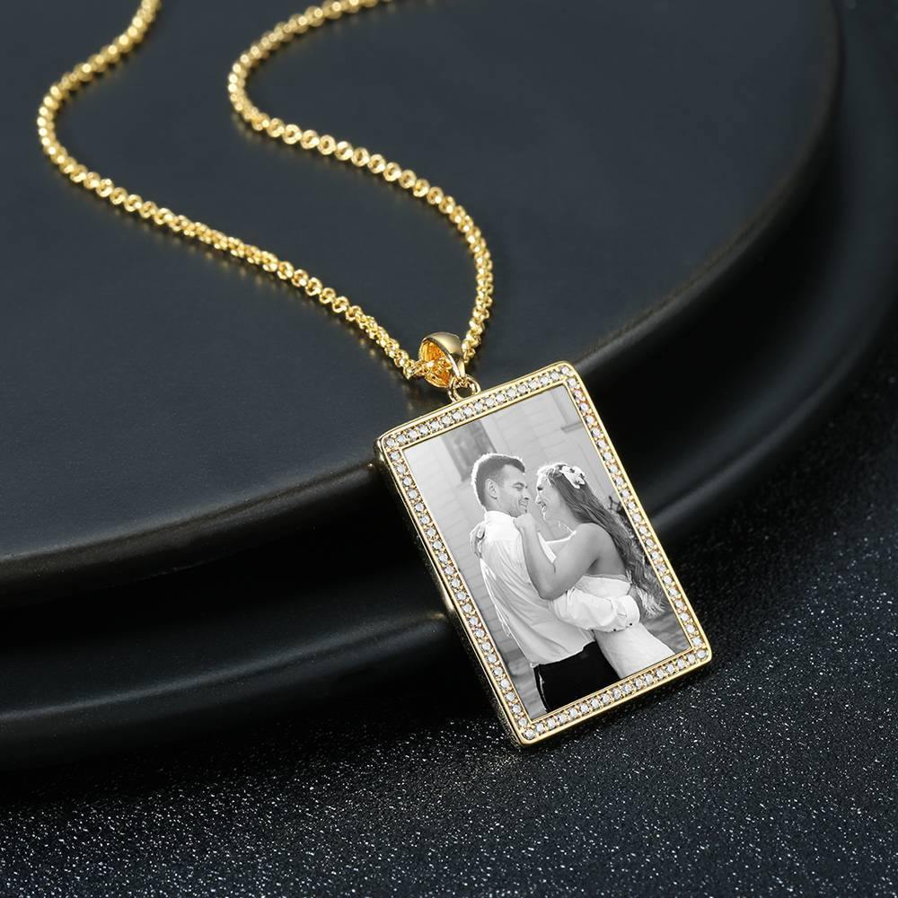 Photo Engraved Necklace Rhinestone Crystal, Photo Necklace Best Gift 14K Plated Gold Golden - Photocopying - yournamencklaceuk
