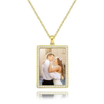 Photo Engraved Necklace Rhinestone Crystal, Photo Necklace Keepsake Gift 14K Plated Gold Golden - Colorful - yournamencklaceuk