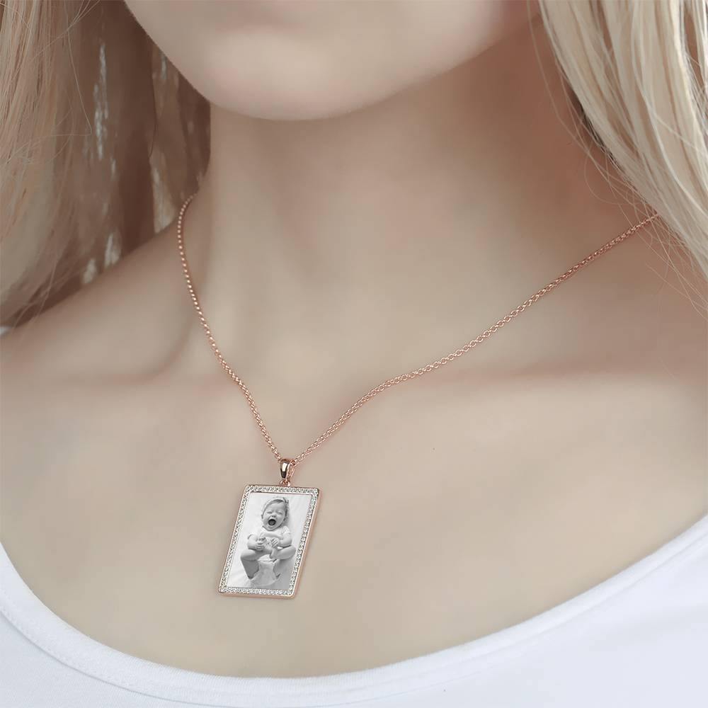 Photo Engraved Necklace Rhinestone Crystal, Photo Necklace Best Gift Rose Gold Plated - Photocopying - yournamencklaceuk