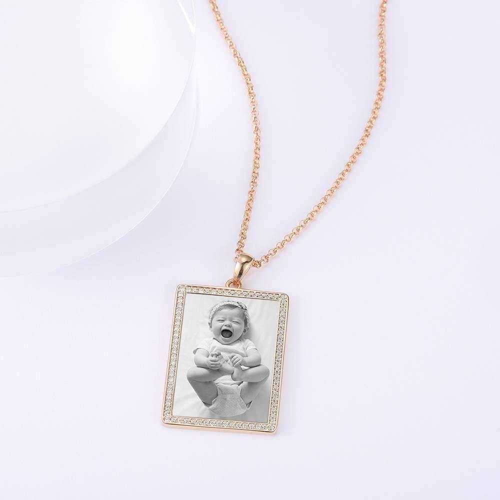 Photo Engraved Necklace Rhinestone Crystal, Photo Necklace Best Gift Rose Gold Plated - Photocopying - yournamencklaceuk