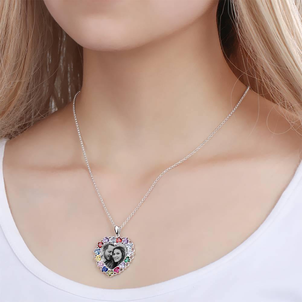 Photo Engraved Necklace Rhinestone Crystal Colorful, Heart-shaped Photo Necklace Best Gift Platinum Plated Silver - Photocopying - yournamencklaceuk