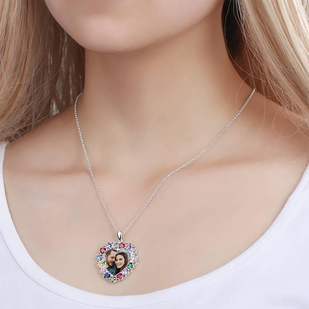 Photo Engraved Necklace Rhinestone Crystal Colorful, Heart-shaped Photo Necklace Keepsake Gift Platinum Plated Silver - Colorful - yournamencklaceuk