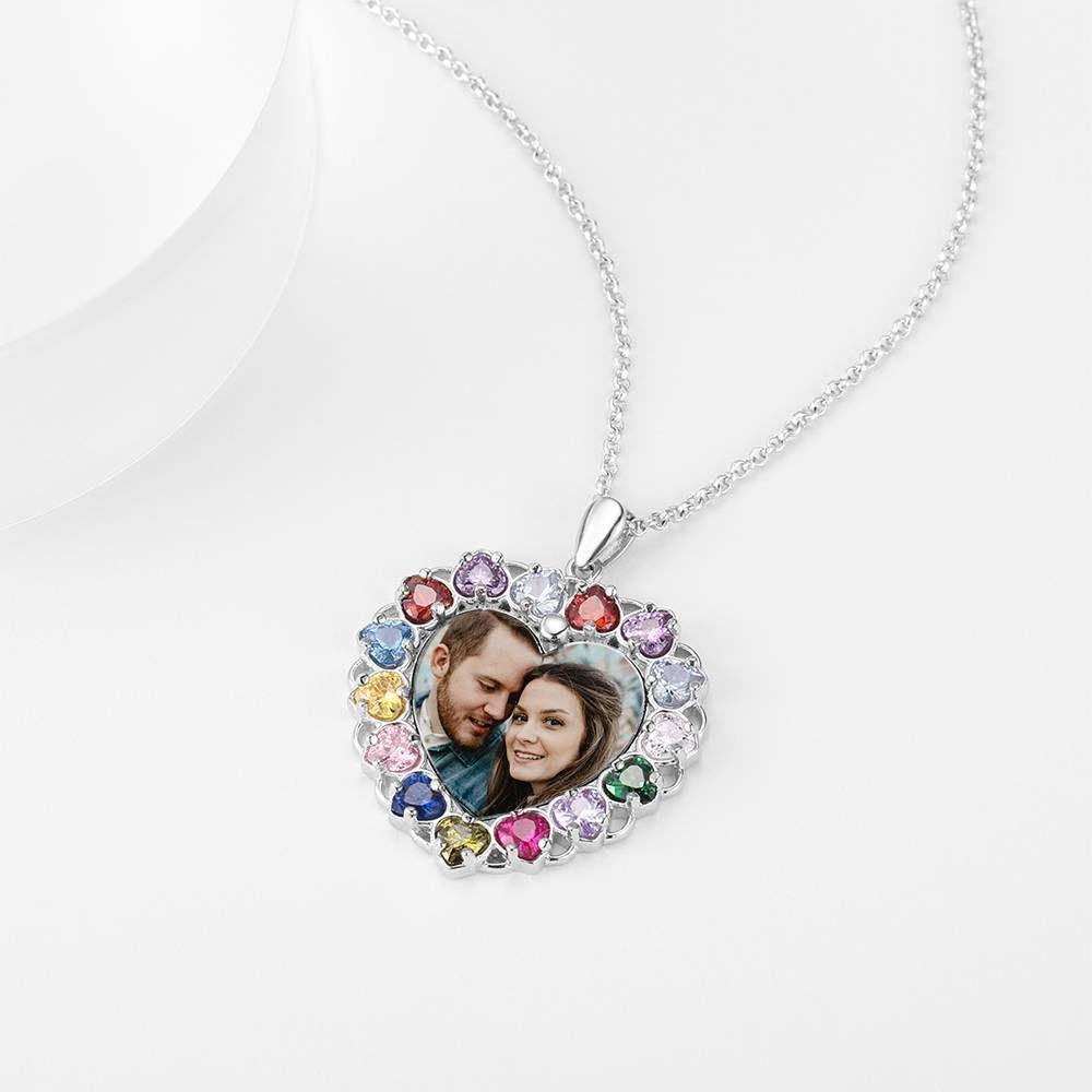 Photo Engraved Necklace Rhinestone Crystal Colorful, Heart-shaped Photo Necklace Keepsake Gift Platinum Plated Silver - Colorful - yournamencklaceuk