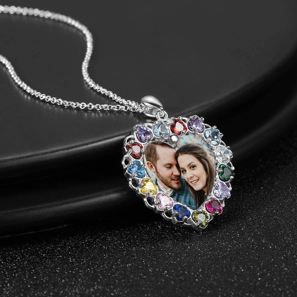 Photo Engraved Necklace Rhinestone Crystal Colorful, Heart-shaped Photo Necklace Keepsake Gift Platinum Plated Silver - Colorful - yournamencklaceuk