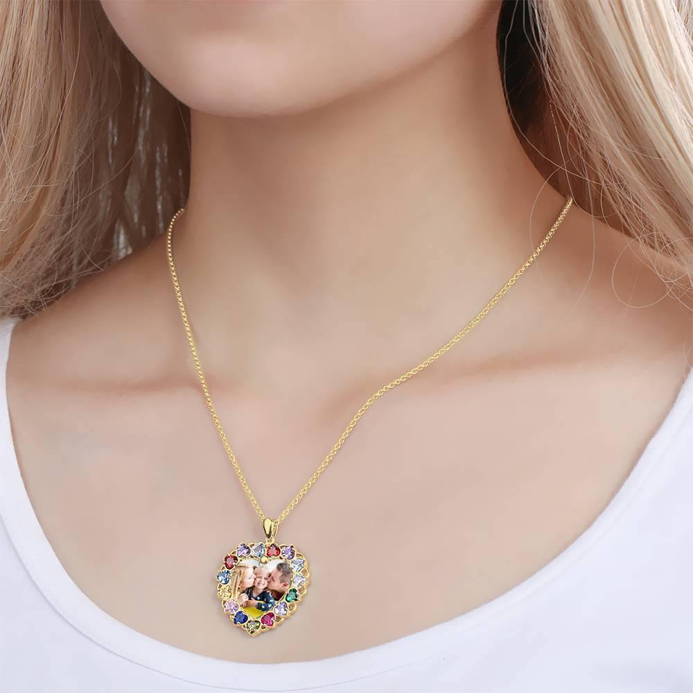 Photo Engraved Necklace Rhinestone Crystal Colorful, Heart-shaped Photo Necklace Keepsake Gift 14K Plated Gold Golden - Colorful - yournamencklaceuk