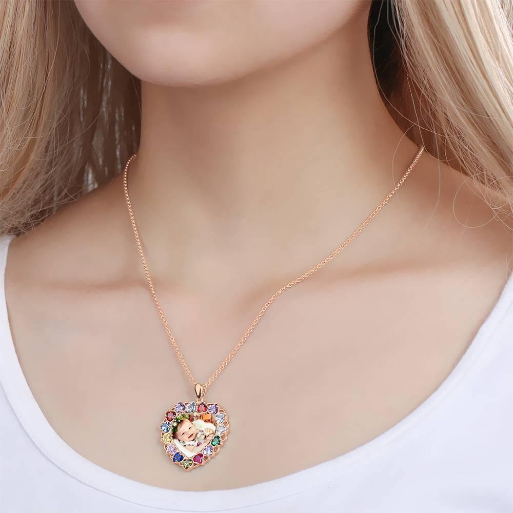 Photo Engraved Necklace Rhinestone Crystal Colorful, Heart-shaped Photo Necklace Keepsake Gift Rose Gold Plated - Colorful - yournamencklaceuk
