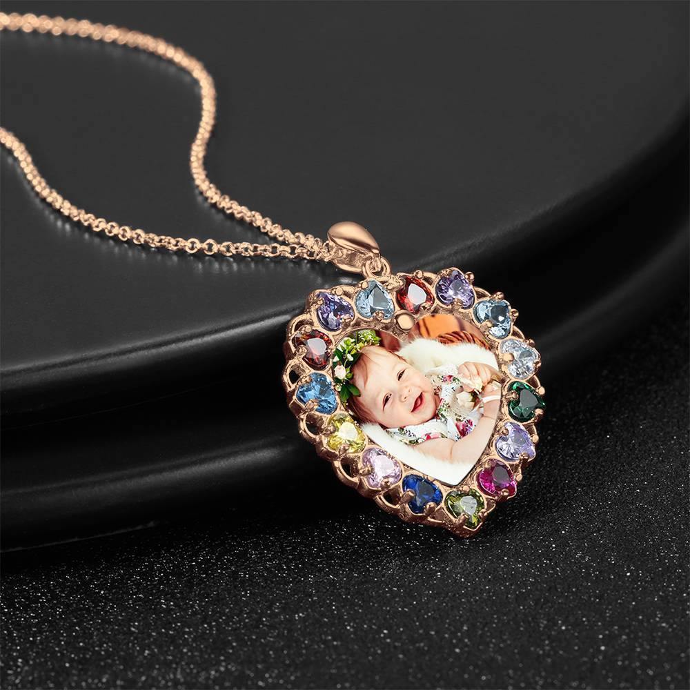 Photo Engraved Necklace Rhinestone Crystal Colorful, Heart-shaped Photo Necklace Keepsake Gift Rose Gold Plated - Colorful - yournamencklaceuk