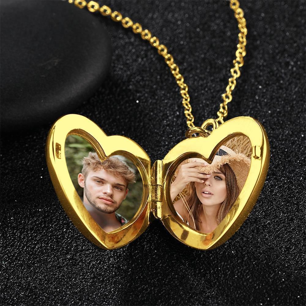 Photo Engraved Necklace Heart Locket Necklace Two Photos 14K Gold Plated - yournamencklaceuk