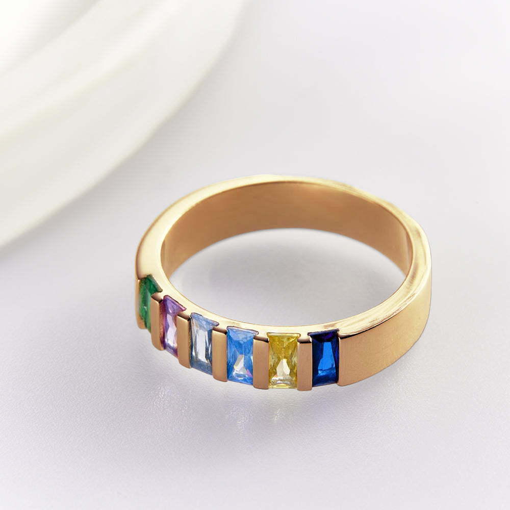 Custom Baguette Birthstone Ring 18k Gold Plated Personalized Family Ring Gift For Her - yournamenecklaceuk