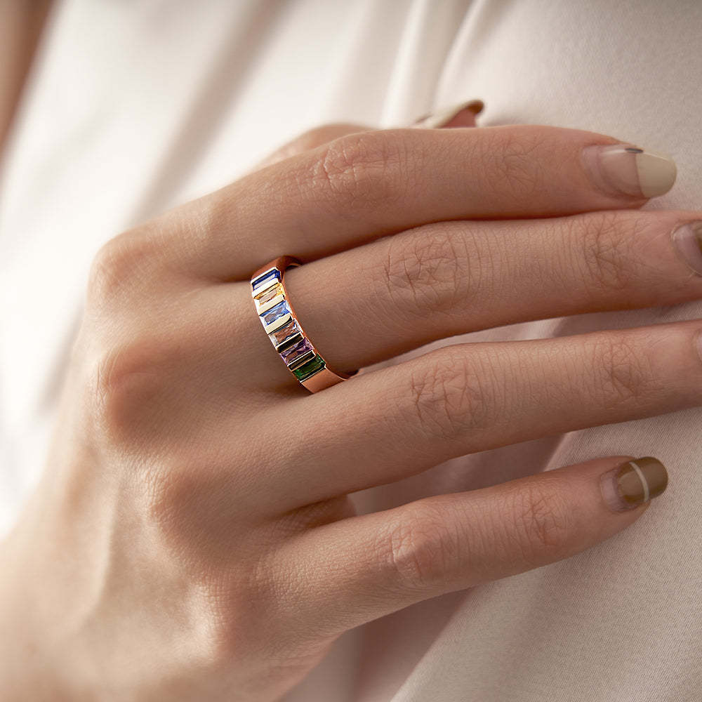 Custom Baguette Birthstone Ring 18k Gold Plated Personalized Family Ring Gift For Her - yournamenecklaceuk