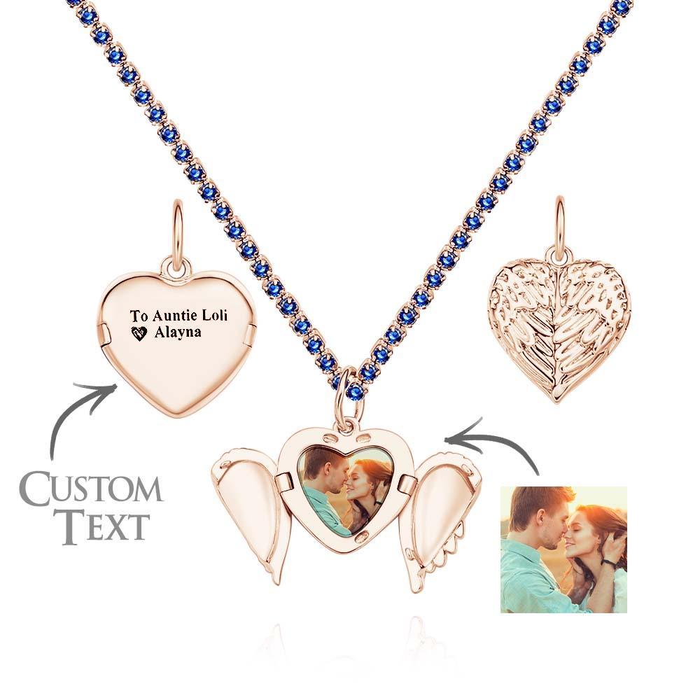 Engravable Photo Locket Necklace Tennis Chain Personalized Heart Angel Wings Gift For Her - yournamenecklaceuk