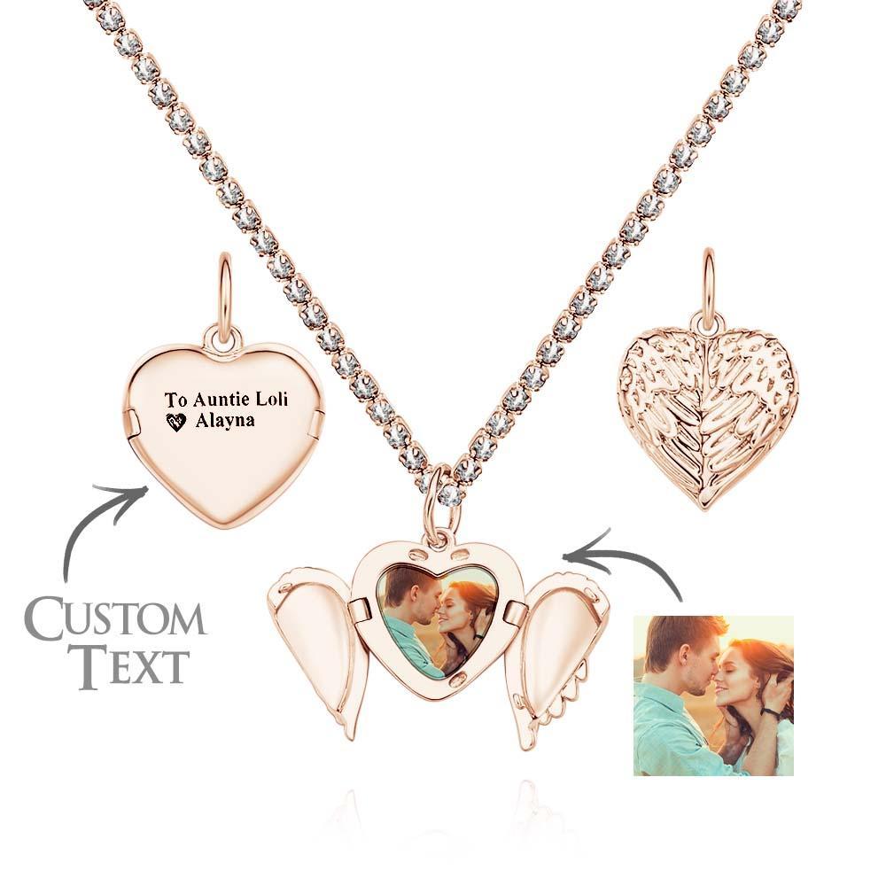 Engravable Photo Locket Necklace Tennis Chain Personalized Heart Angel Wings Gift For Her - yournamenecklaceuk