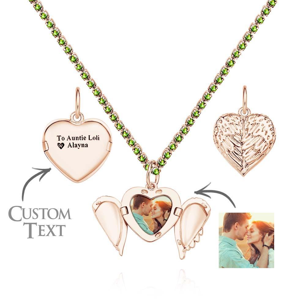 Engravable Photo Locket Necklace Tennis Chain Personalized Heart Angel Wings Gift For Her - yournamenecklaceuk