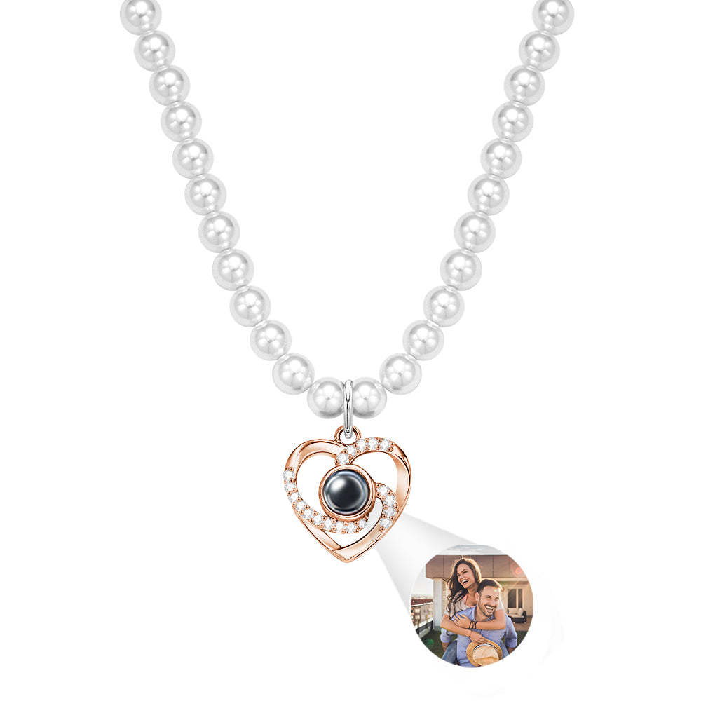 Custom Projection Necklace Pearl Chain Diamond Heart Gift - yournamenecklaceuk
