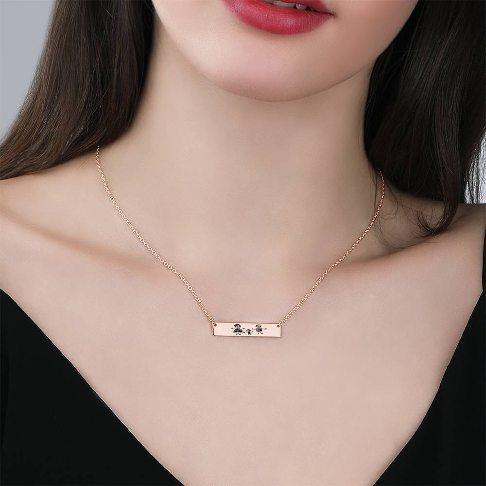 Custom Kids Drawing Photo Neckalce, Children Artwork Bar Neckalce Copper in Rose Gold Plated