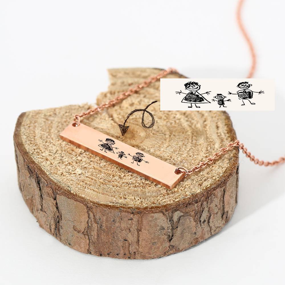 Custom Kids Drawing Photo Neckalce, Children Artwork Bar Neckalce Copper in Rose Gold Plated