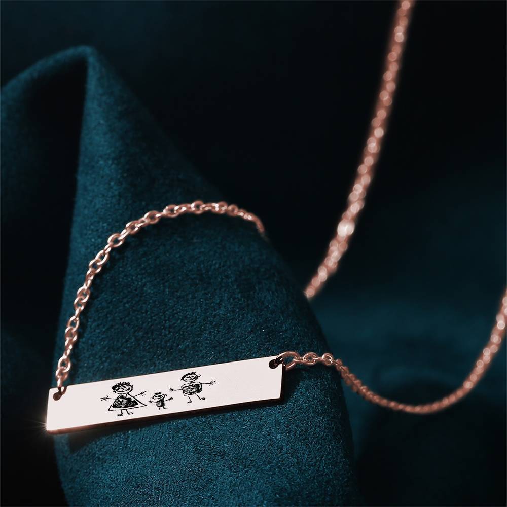 Custom Kids Drawing Photo Neckalce, Children Artwork Bar Neckalce Copper in Rose Gold Plated