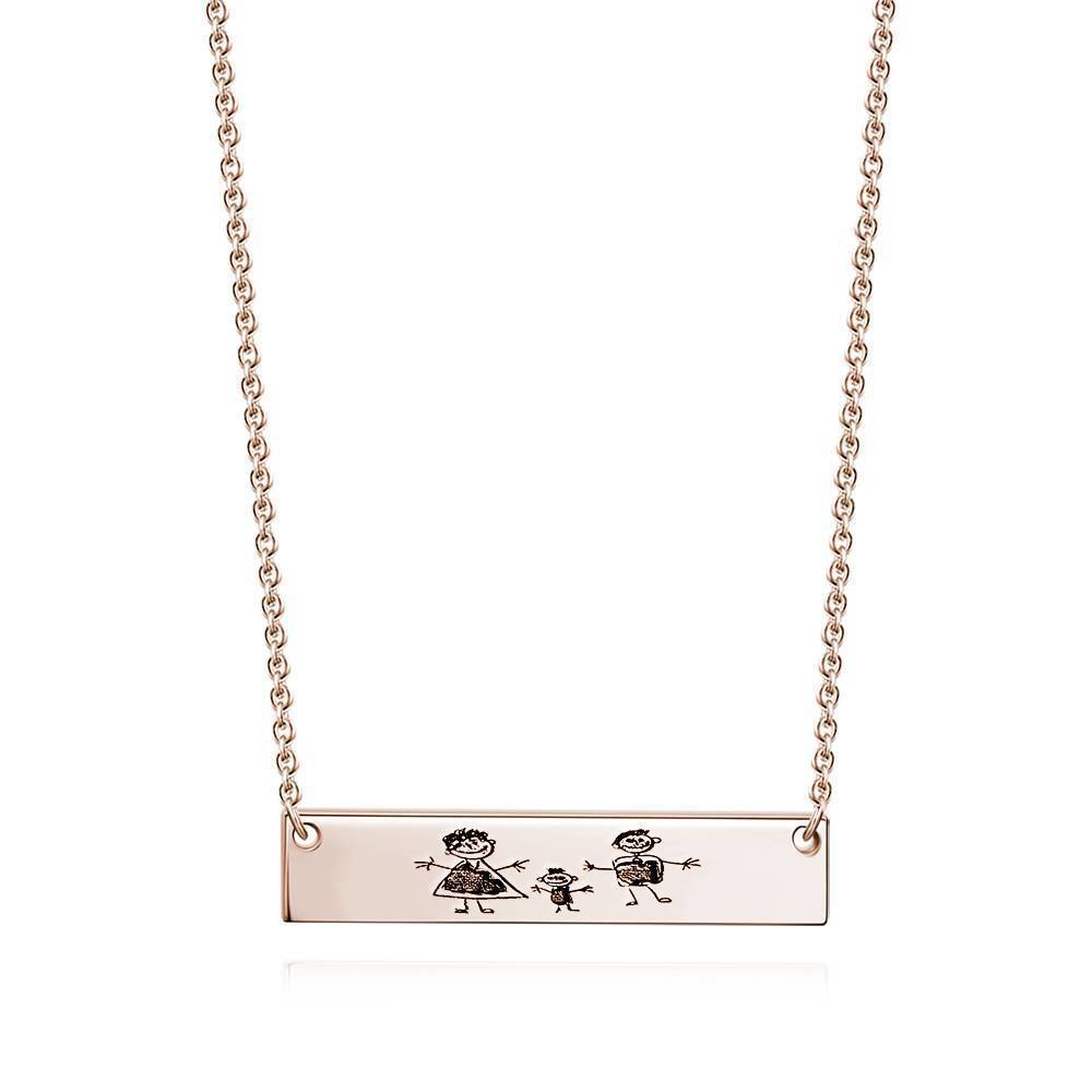 Custom Kids Drawing Photo Neckalce, Children Artwork Bar Neckalce Copper in Rose Gold Plated