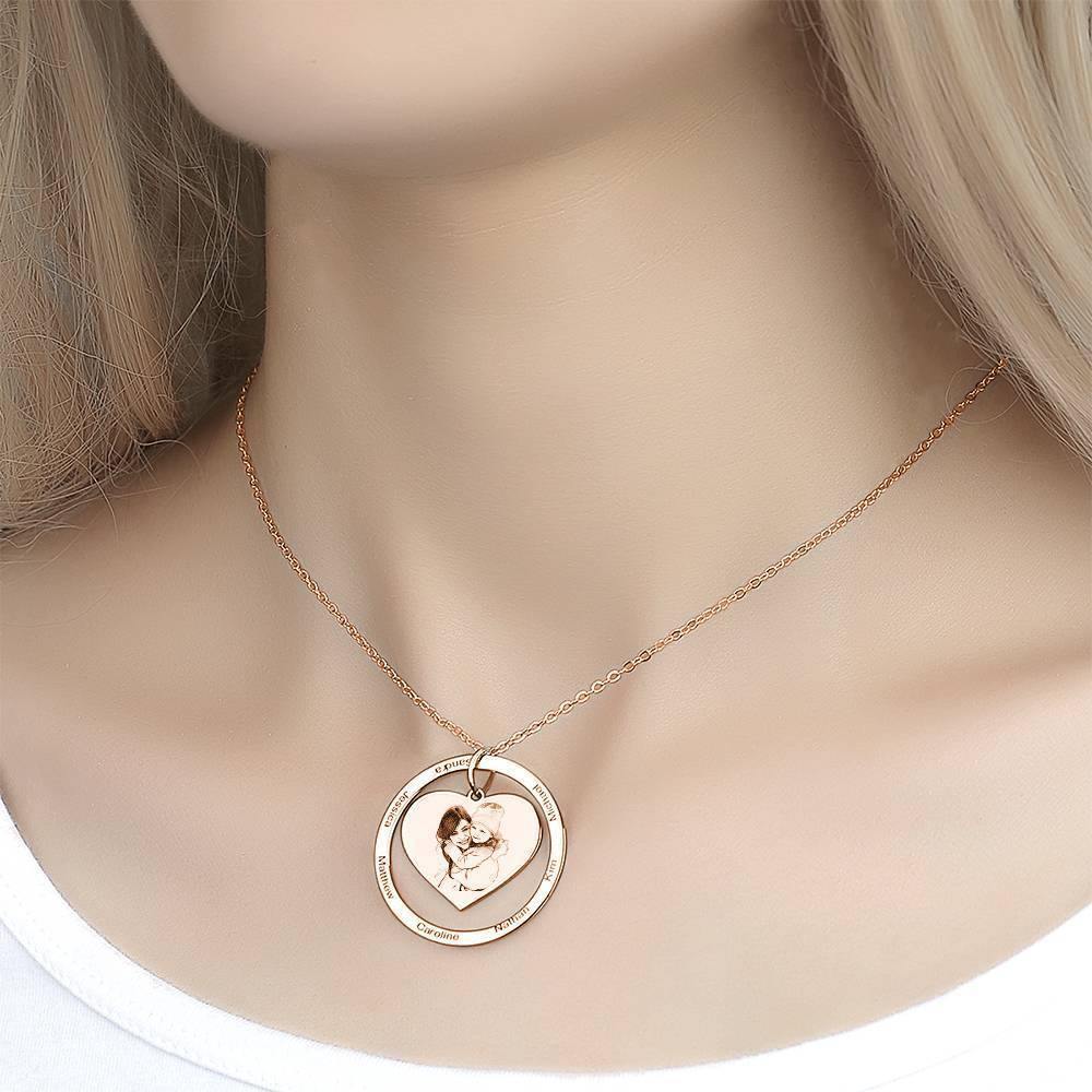 Photo Engraved Necklace Heart In Round Pendant, Family Necklace Rose Gold Plated - Rose Gold - yournamencklaceuk