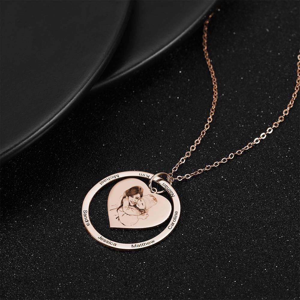 Photo Engraved Necklace Heart In Round Pendant, Family Necklace Rose Gold Plated - Rose Gold - yournamencklaceuk