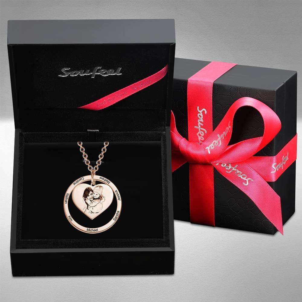 Photo Engraved Necklace Heart In Round Pendant, Family Necklace Rose Gold Plated - Rose Gold - yournamencklaceuk