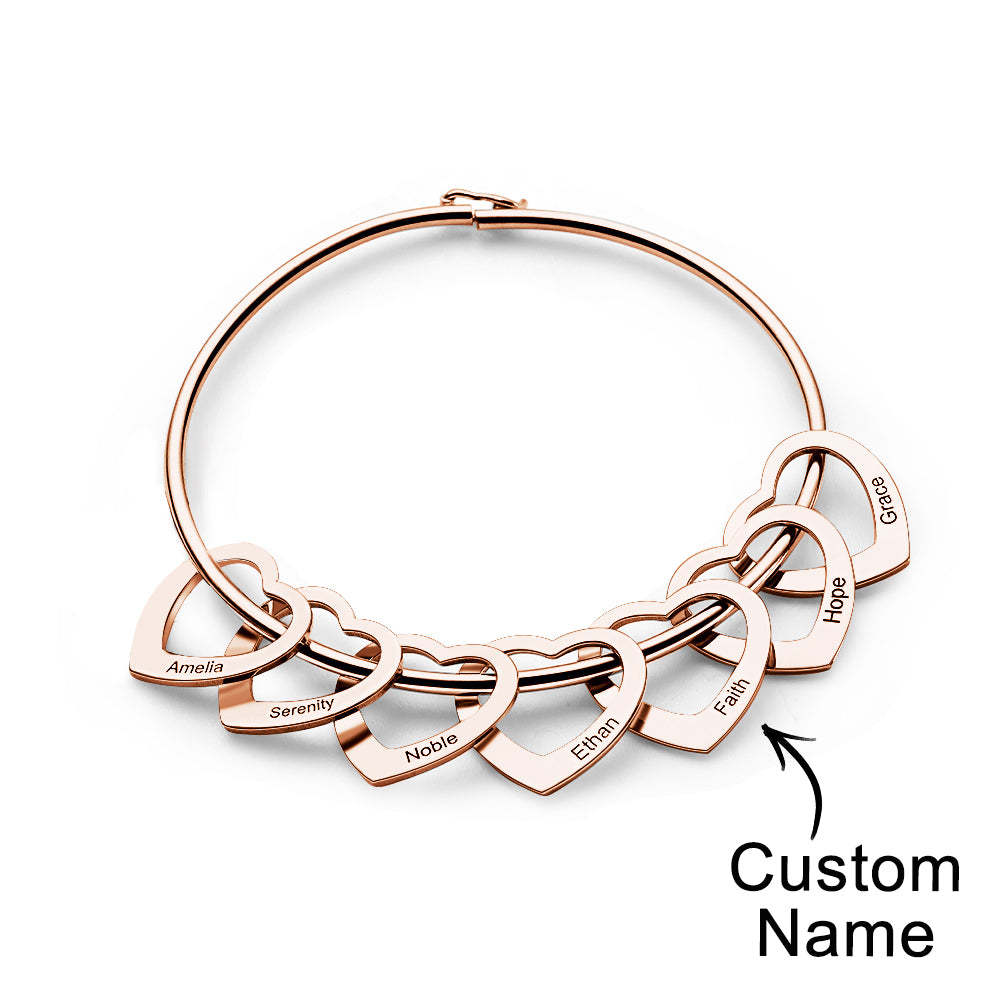 Trendy Engravable Bangle Bracelet with Heart Shape Pendants Gift - yournamenecklaceuk