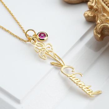 Custom Text Birth Flower Necklace with Birthstone Personalized Gift for Mom - yournamenecklaceuk