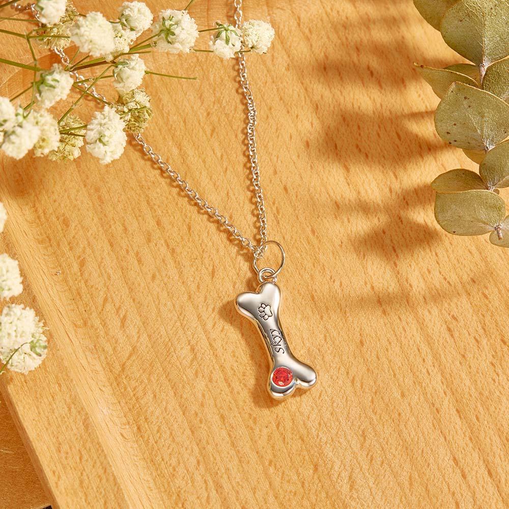 Engravable Bone Necklace With Birthstone Custom Pet Paw Pendant Gift For Pet Lovers - yournamenecklaceuk