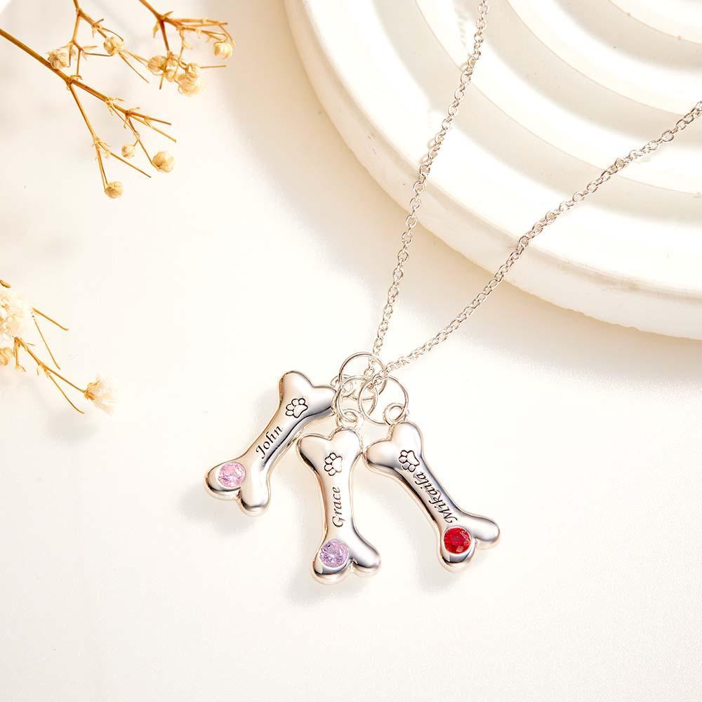 Engravable Bone Necklace With Birthstone Custom Pet Paw Pendant Gift For Pet Lovers - yournamenecklaceuk