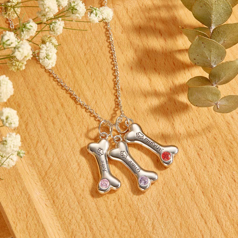 Engravable Bone Necklace With Birthstone Custom Pet Paw Pendant Gift For Pet Lovers - yournamenecklaceuk