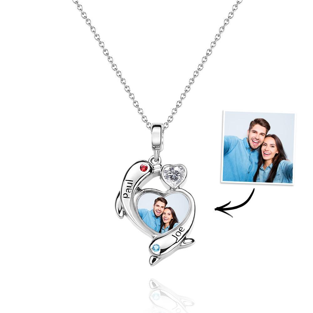 Personalized Photo Dolphin Birthstone Necklace Valentine's Day Gifts For Couples - yournamenecklaceuk