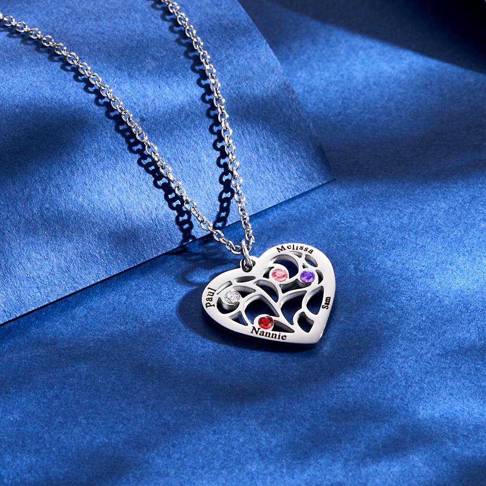 Engraved 1-5 Names Birthstone Family Tree Personalized Heart Shaped Pendant Christmas Day Gifts - yournamenecklaceuk