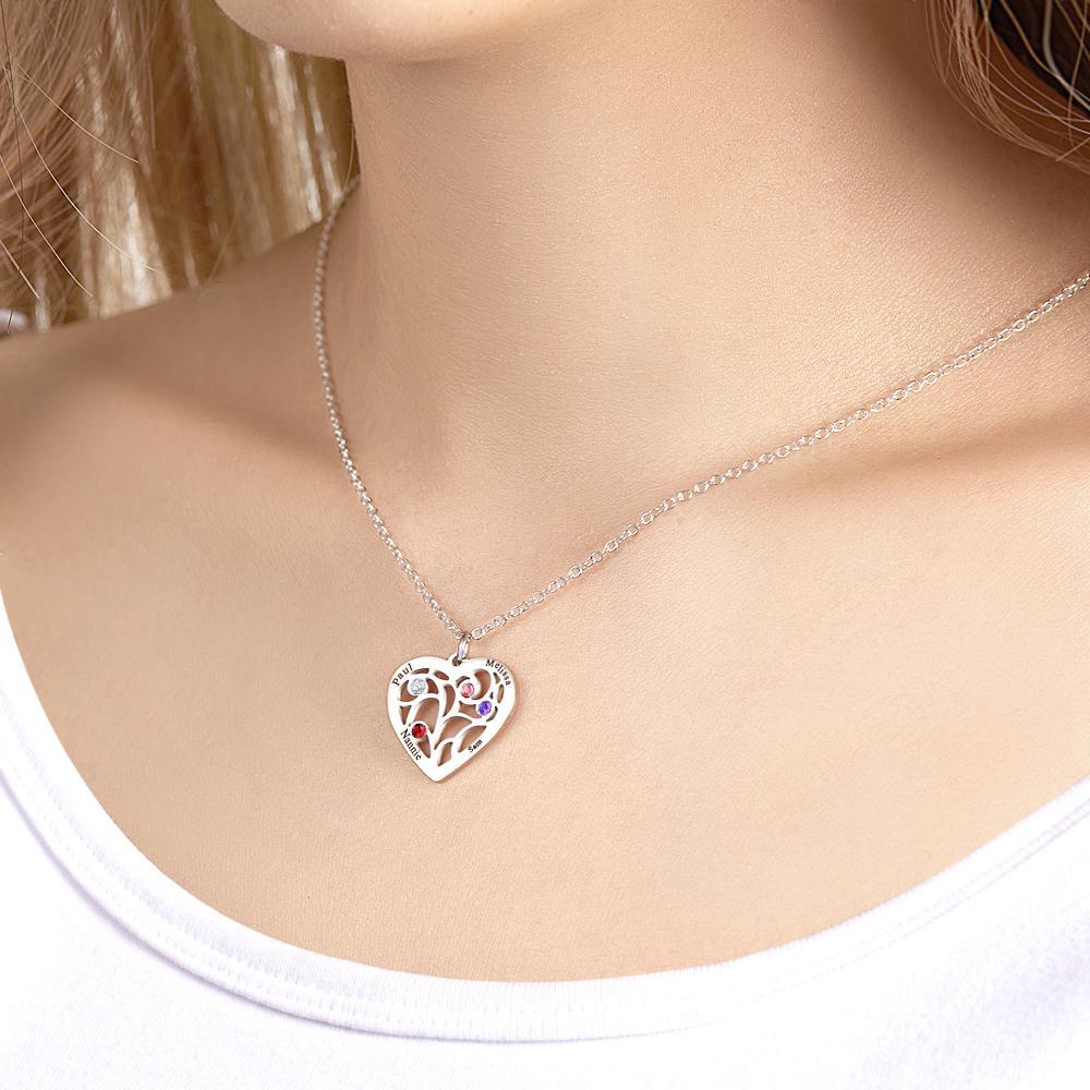 Engraved 1-5 Names Birthstone Family Tree Personalized Heart Shaped Pendant Christmas Day Gifts - yournamenecklaceuk