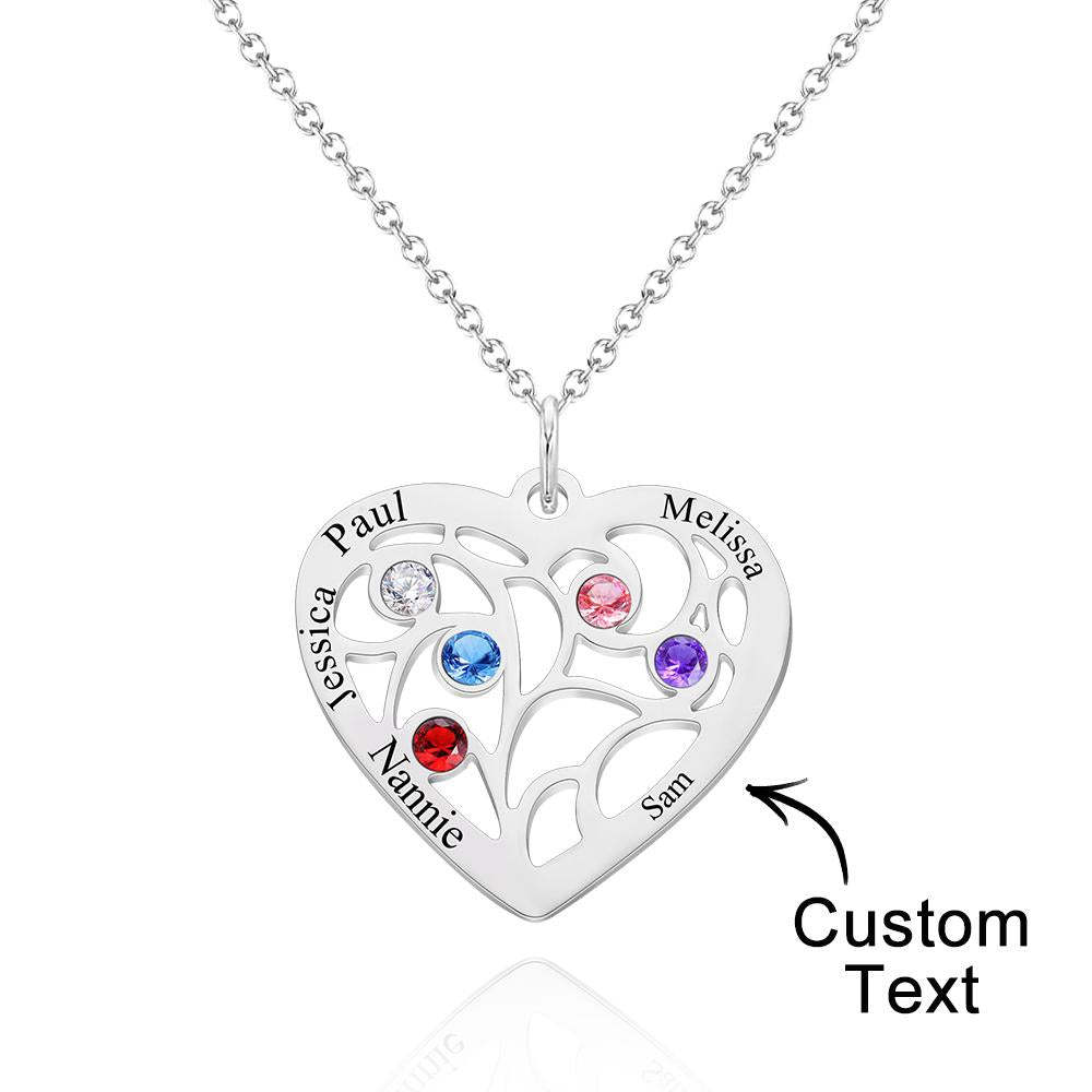 Engraved 1-5 Names Birthstone Family Tree Personalized Heart Shaped Pendant Christmas Day Gifts - yournamenecklaceuk