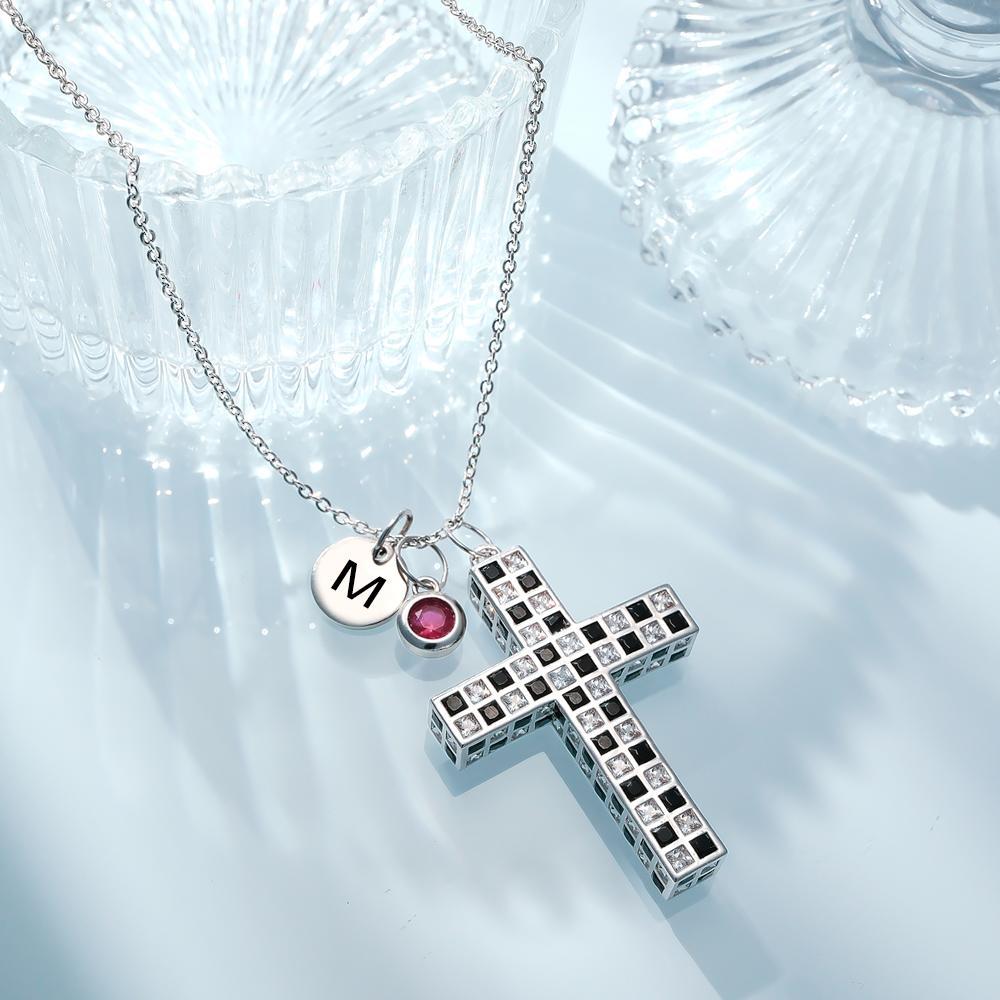 Custom Birthstone Letter Necklace Checkered Flag Cross Unique Gifts - yournamenecklaceuk