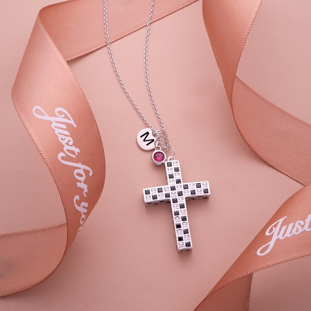 Custom Birthstone Letter Necklace Checkered Flag Cross Unique Gifts - yournamenecklaceuk