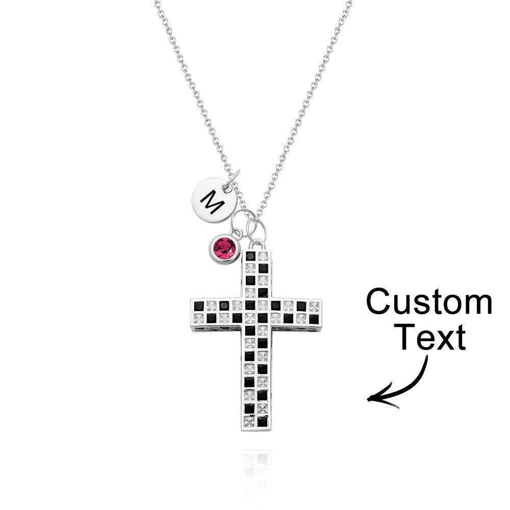 Custom Birthstone Letter Necklace Checkered Flag Cross Unique Gifts - yournamenecklaceuk