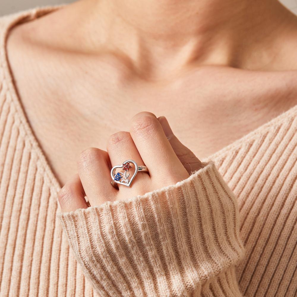 Custom Birthstone Engraved Rings Creative Flowers Silver Gifts - yournamenecklaceuk