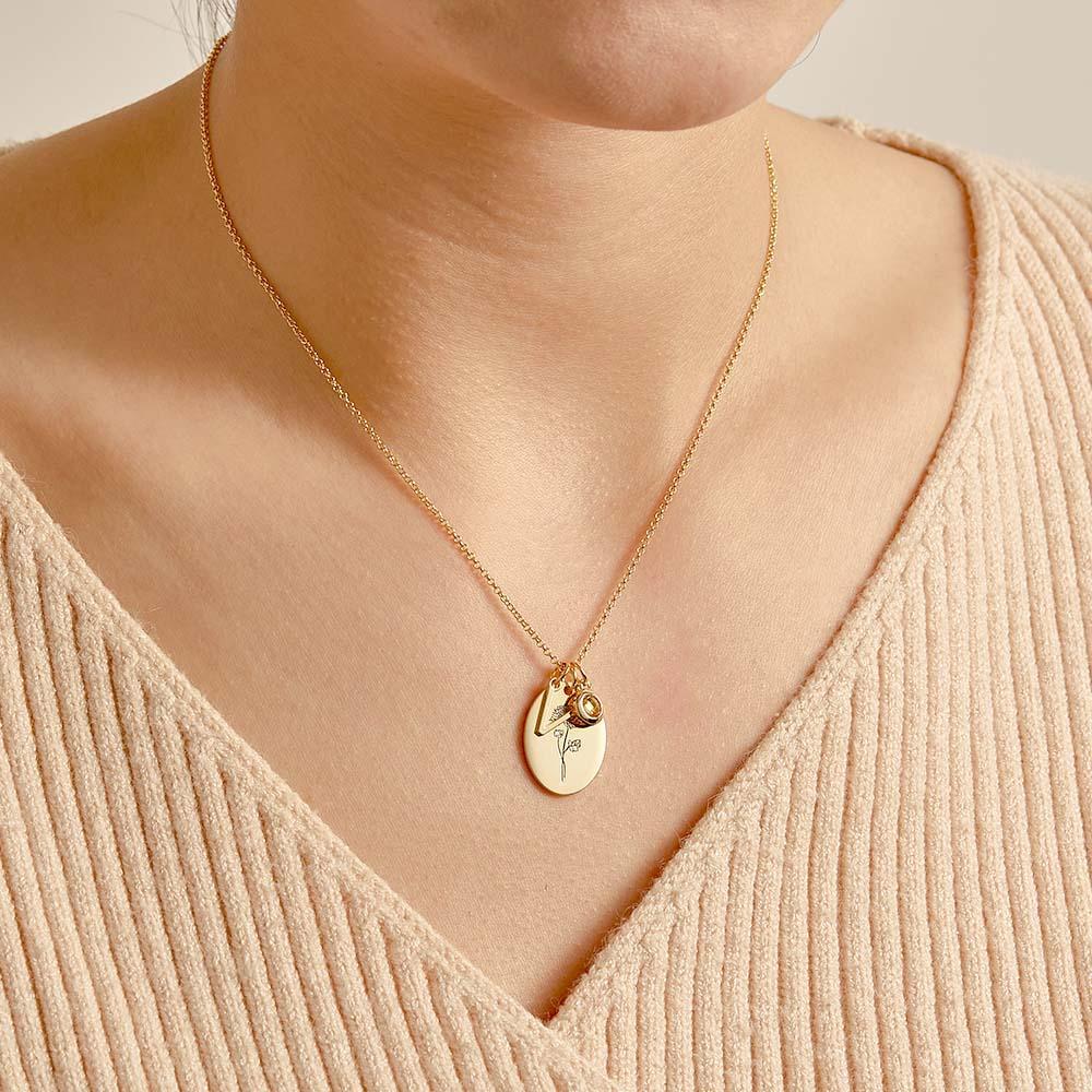 Personalized Text Birthstone Necklace Birth Flower Necklace Gift for Mom - yournamenecklaceuk