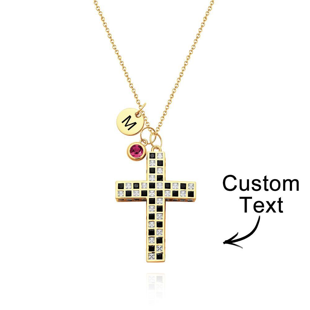 Custom Birthstone Letter Necklace Checkered Flag Cross Unique Gifts - yournamenecklaceuk