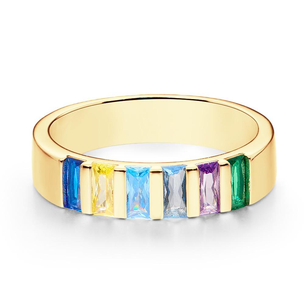 Custom Baguette Birthstone Ring 18k Gold Plated Personalized Family Ring Gift For Her - yournamenecklaceuk