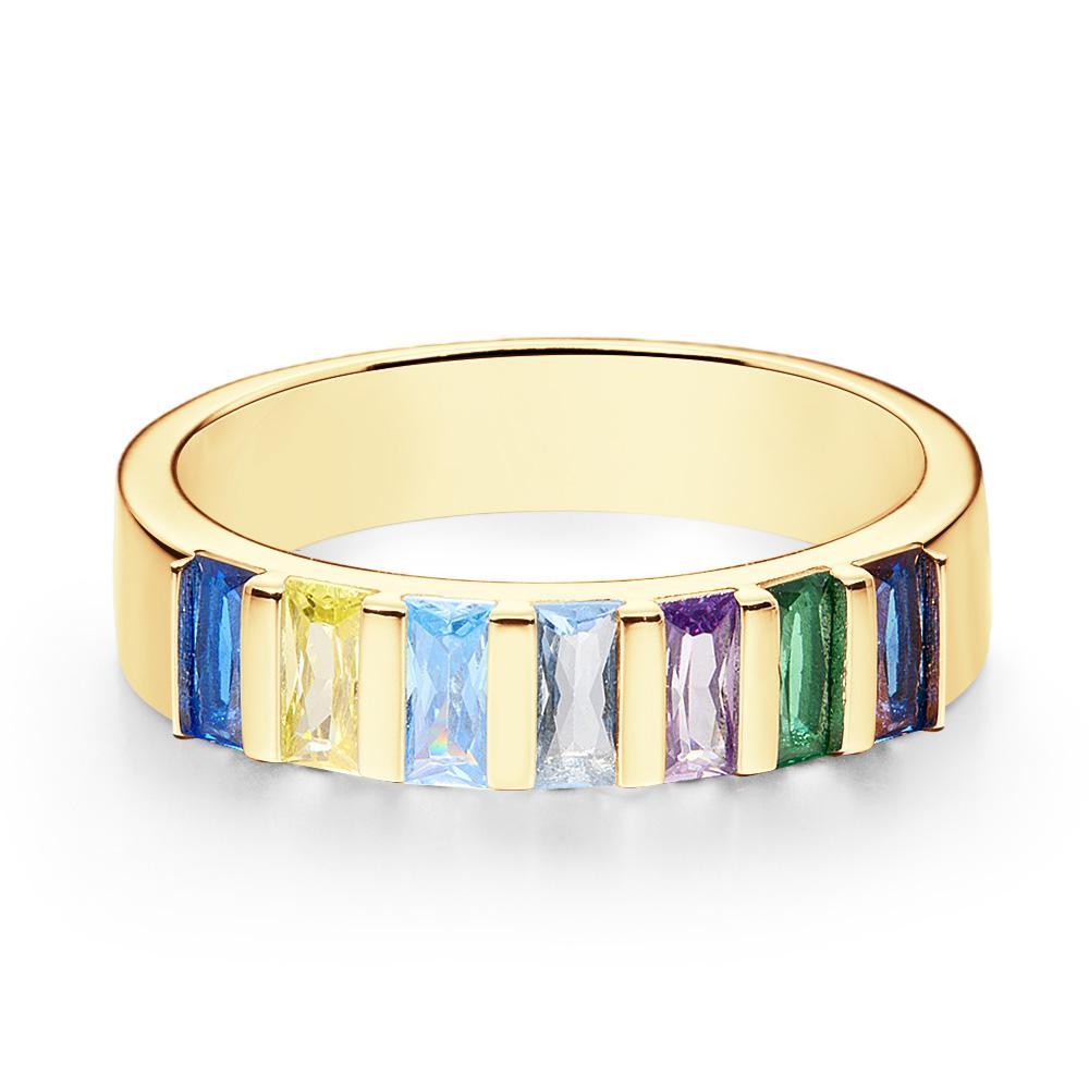 Custom Baguette Birthstone Ring 18k Gold Plated Personalized Family Ring Gift For Her - yournamenecklaceuk