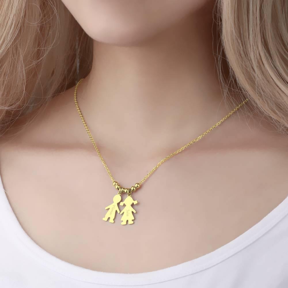 Engraved Necklace, Children Charms Necklace Mom Jewelry 14K Gold Plated - Golden - yournamenecklaceuk