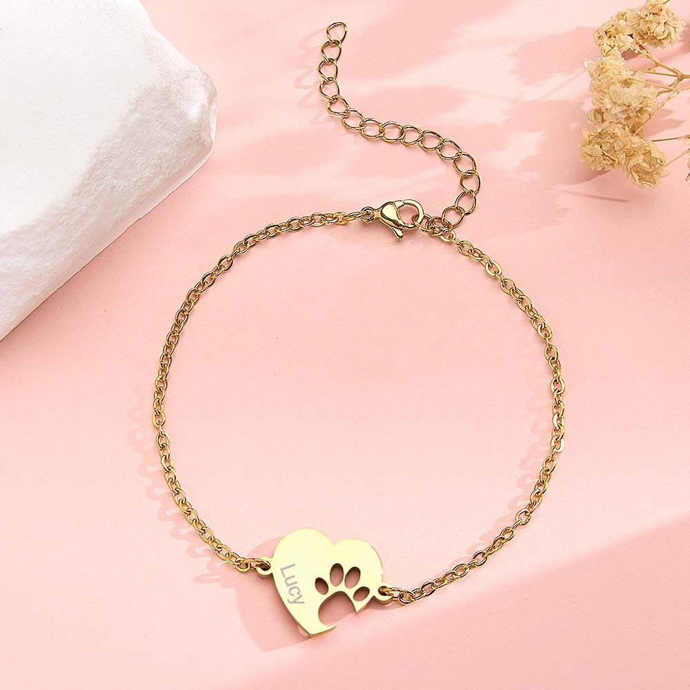 Personalized Heart Paw Print Bracelet – Custom Pet Name Jewelry for Pet Lovers