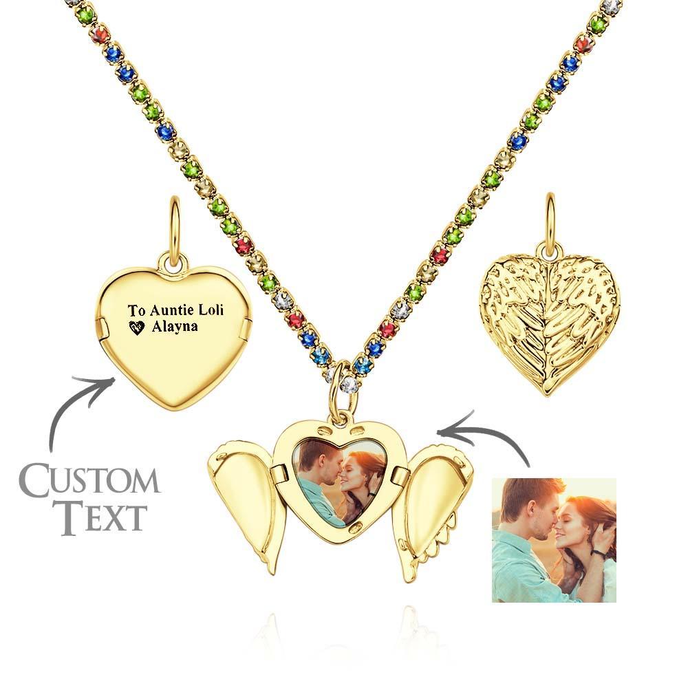 Engravable Photo Locket Necklace Tennis Chain Personalized Heart Angel Wings Gift For Her - yournamenecklaceuk