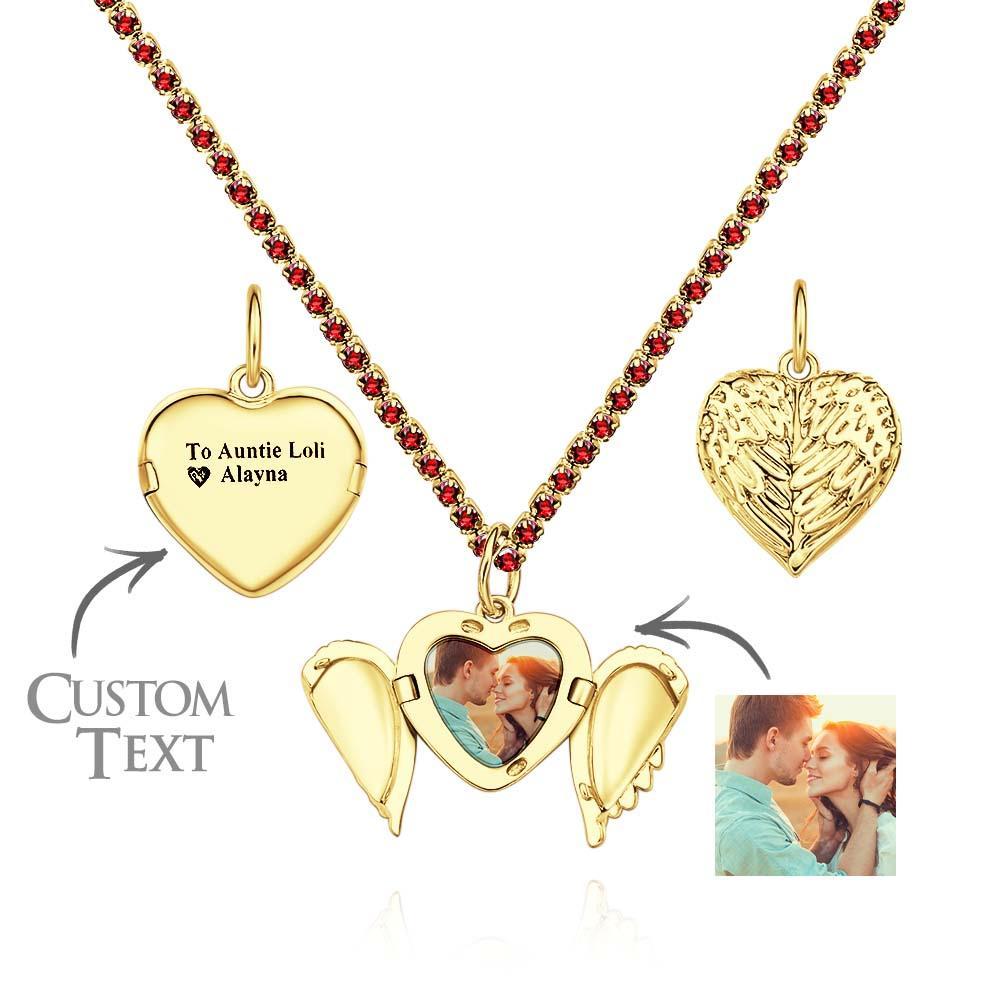 Engravable Photo Locket Necklace Tennis Chain Personalized Heart Angel Wings Gift For Her - yournamenecklaceuk